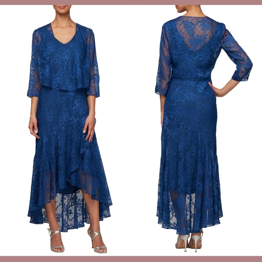 Nwt Alex Evenings [ 12 ] Textured Floral Burnout Hi-Low Dress W/ Jacket — image 2 of 8